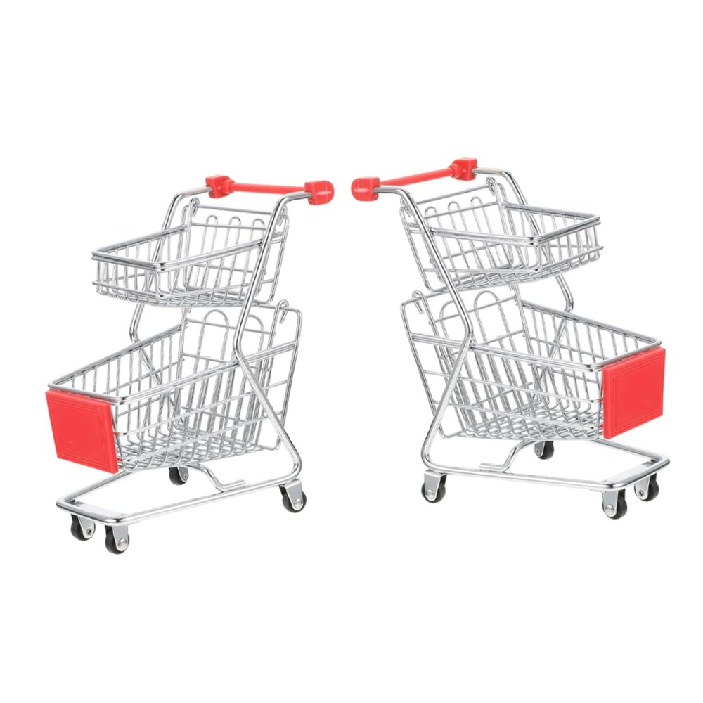Toyvian 2pcs Mini Shopping Cart for Boys and Girls Dual-Layer Iron Toy Handcart Small Storage Container for Desktop and Playroom