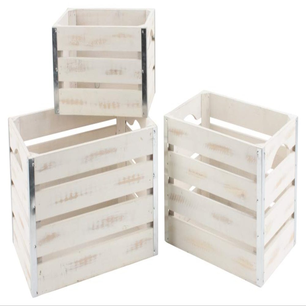 8116-S3 Medium Whitewash Wood Crates, Set of 3