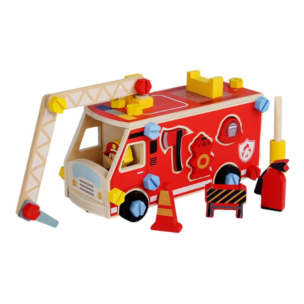 predolo Wooden Tool Collection for Kids Including Screwdriver and Construction Features, Fire Truck