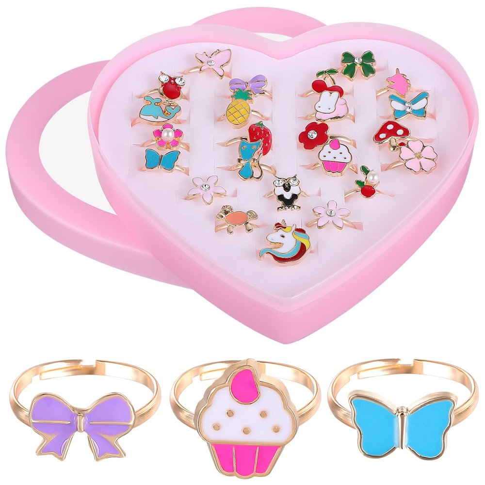 FUNNETOYU 24 Pcs Adjustable Girls Cartoon Finger Rings Set with Storage Case Lovely Kids Jewelry Dress-Up and Play