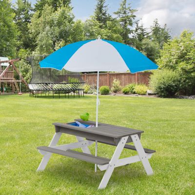 3-in-1 Kids Outdoor Wooden Picnic Table with Adjustable Umbrella - Convertible Sand & Water Activity Table for Toddlers - Space-Saving Design - Perfect for Gardens, Backyards & Beach Play (Gray)