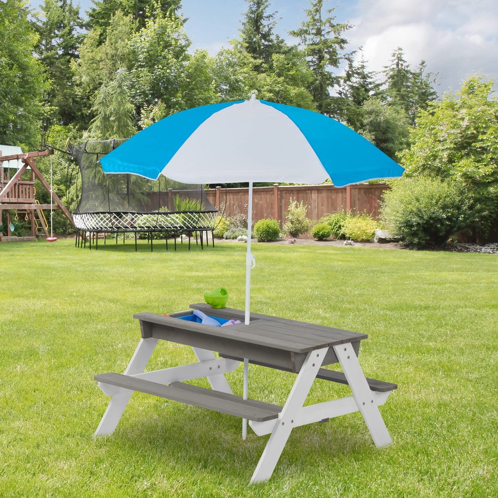 3-in-1 Kids Outdoor Wooden Picnic Table with Adjustable Umbrella - Convertible Sand & Water Activity Table for Toddlers - Space-Saving Design - Perfect for Gardens, Backyards & Beach Play (Gray)