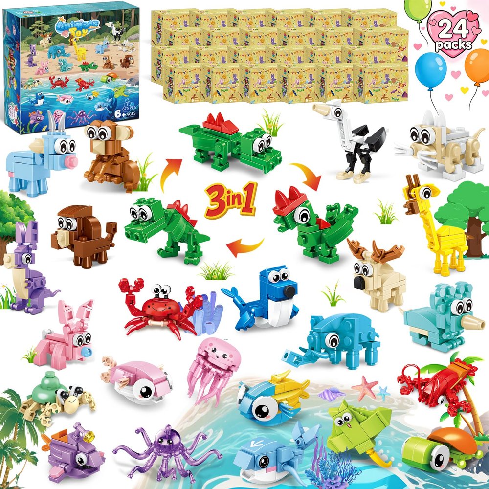 24 Packs Valentines Party Favors for Kids, Mini Animal Building Block Toy Sets for Goodie Bag Stuffers Classroom Prizes, Valentines Day Gifts for Kids Easter Birthday Gift for Boys Girls Ages 6-12