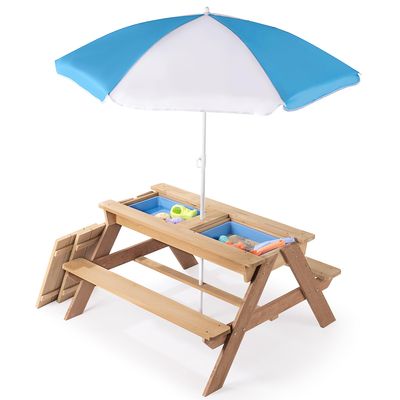 3-in-1 Kids Outdoor Wooden Picnic Table with Adjustable Umbrella - Convertible Sand & Water Activity Table for Toddlers - Space-Saving Design - Perfect for Gardens, Backyards & Beach Play (Natural)