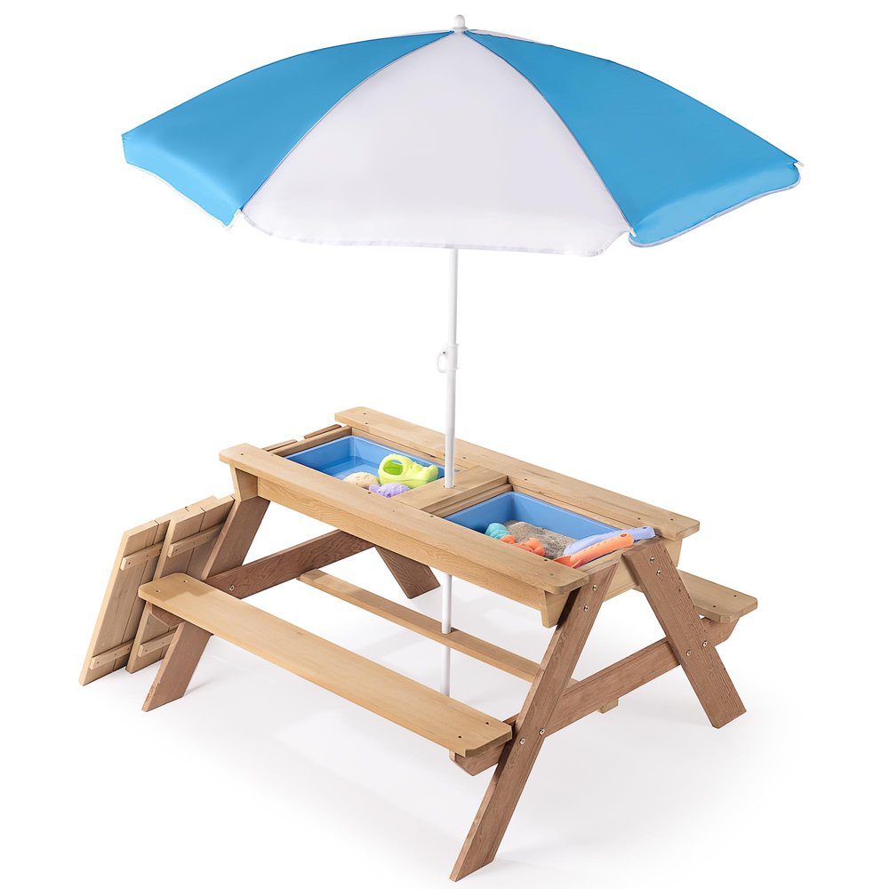 3-in-1 Kids Outdoor Wooden Picnic Table with Adjustable Umbrella - Convertible Sand & Water Activity Table for Toddlers - Space-Saving Design - Perfect for Gardens, Backyards & Beach Play (Natural)