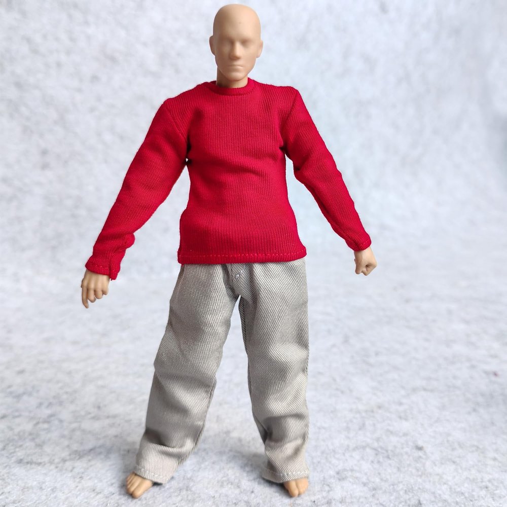 1:12 Scale Fabric T-Shirt + Pant for 6 inch 1/12 Man Thin Small Action Figure Clothes (Red Gray)