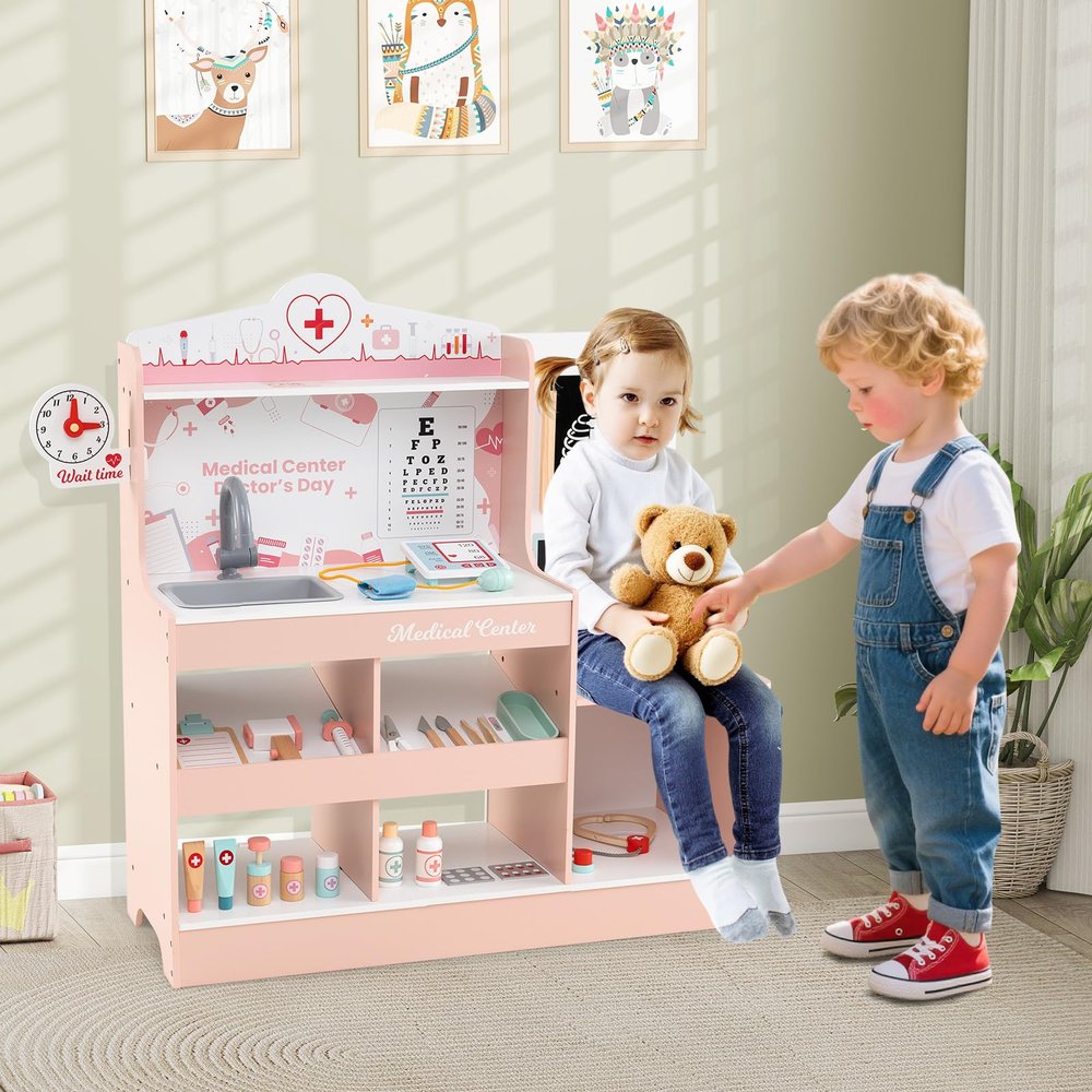 HONEY JOY Kids Wooden Doctor Play Set, 2 In 1 Checkup Medical Office Center & Vet Clinic Station, Exam Area & Interactive Accessories, X-Ray, Toddler Pretend Hospital Playset Kit for Boys Girls (Pink)