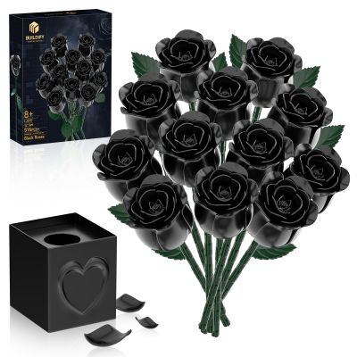aphpaio Black Rose Bouquet Building Blocks, Artificial Flowers Roses Botanical Building Set, Gothic Valentines Day Decor, Birthday Valentines Day Gifts for Her Lover Adults Kids