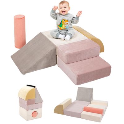 BanaSuper 5-Piece Climbing Toys for Toddlers, Kids Foam Blocks Playset with Cylinder, Foldable Design, Toddler Indoor Soft Play Gym Activity Play Set for Crawling and Active Play(Pink, Yellow)