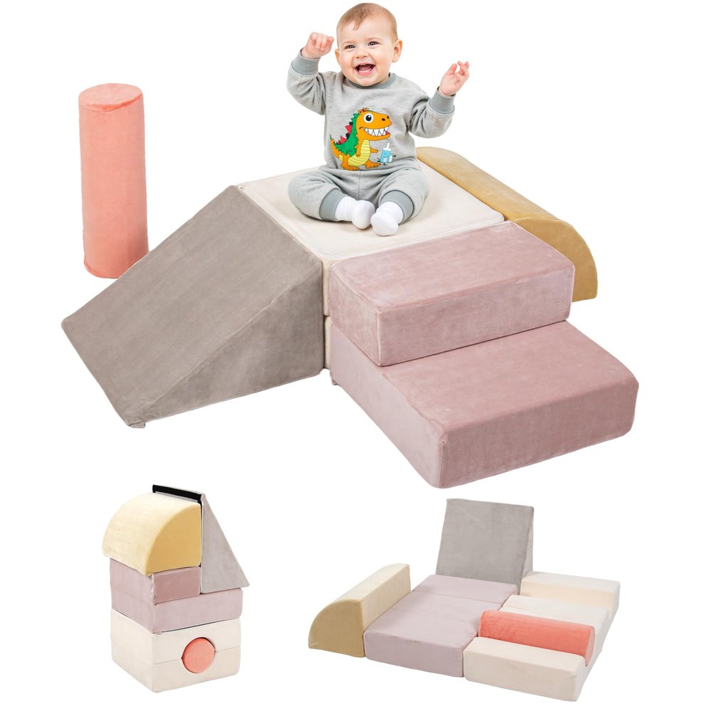 BanaSuper 5-Piece Climbing Toys for Toddlers, Kids Foam Blocks Playset with Cylinder, Foldable Design, Toddler Indoor Soft Play Gym Activity Play Set for Crawling and Active Play(Pink, Yellow)