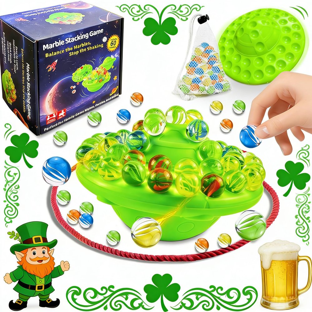 Marble Balance Board Game with 60 Glass Marbles & Storage Base - Fun Family Board Game for Kids & Adults, St. Patrick Party Game for 1-4 Players | Educational STEM Toy & Birthday for Kids Ages 8-12