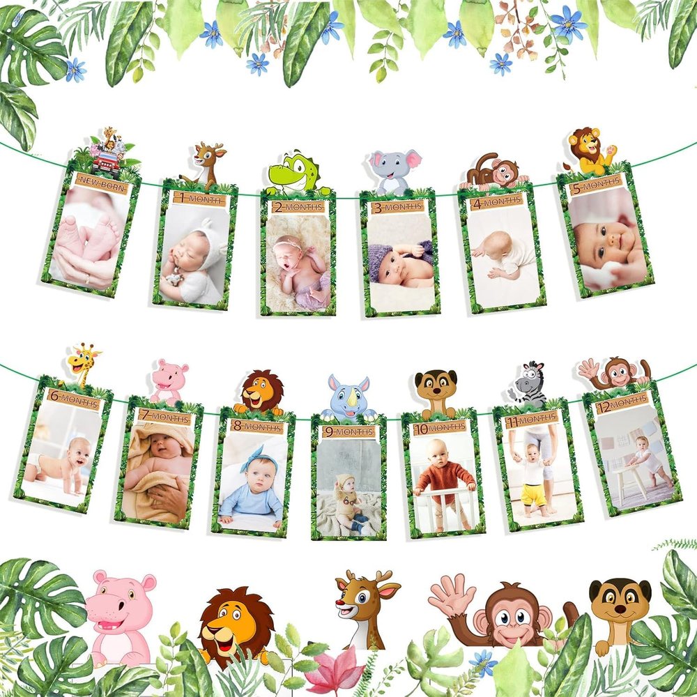 First Birthday Decorations, Safari 1st Birthday Photo Banner, 1-12 Month Photo Banner for From Newborn to 12 Months Baby, Wild One Birthdays Decorations, Jungle Woodland Milestone Photos Banner