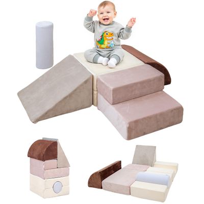 BanaSuper 5-Piece Climbing Toys for Toddlers, Kids Foam Blocks Playset with Cylinder, Foldable Design, Toddler Indoor Soft Play Gym Activity Play Set for Crawling and Active Play(Blue, Grey)