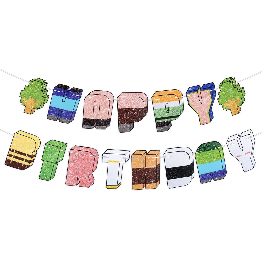 2pcs Pixel Theme Happy Birthday Banner, Pre-Strung Glitter Birthday Decorations Supplies Ideal Photo Props Backdrop and Hanging Decorations for Home Wall Pixel Themed Parties
