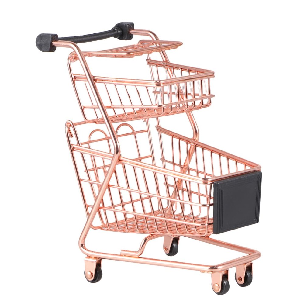 YARNOW Mini Two Tier Shopping Cart Rose Gold Trolley Playset for Enhance Imagination and Cognitive Skills with Realistic Design Storage Basket for Pretend Play