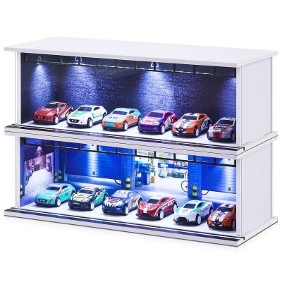 Tujoe 2 Pcs Display Case for Toy Car Garage with LED Light Stackable 1/64 Scale Diecast Toy Cars Garage for Maximum 58 Model Car Display and Storage(Depot)