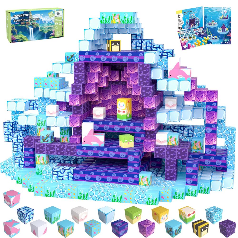 SSAWER Magnetic Blocks, 100PCS Magnetic Building Blocks, Stacking Magnets for Kids, Sensory Toy for STEM Constructions Magnet Blocks for Boys Girls Age 3+, Christmas Birthday Gifts (Ocean World)