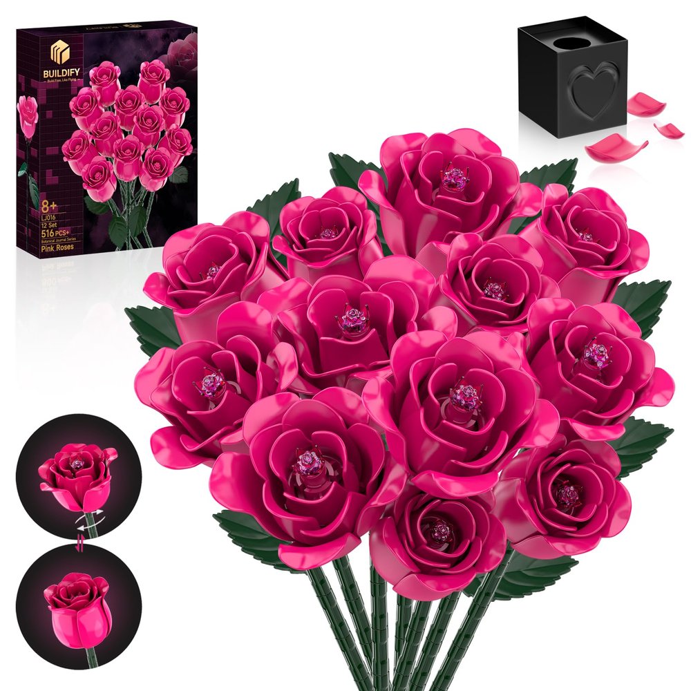 12 Everlasting Pink Roses Bouquet Building Set, Gothic Home Office Table Centerpiece Flowers Decor with Heart-Shaped Gift Box Base, Perfect Valentine's Day Gift for Her, Mom, Girlfriend, or Wife