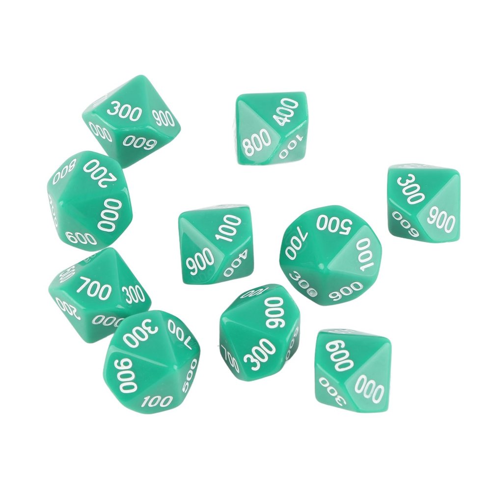 10pcs 10 Sided Dice with White Number Wise Teaching Dice for Games Education Entertainment (Green)