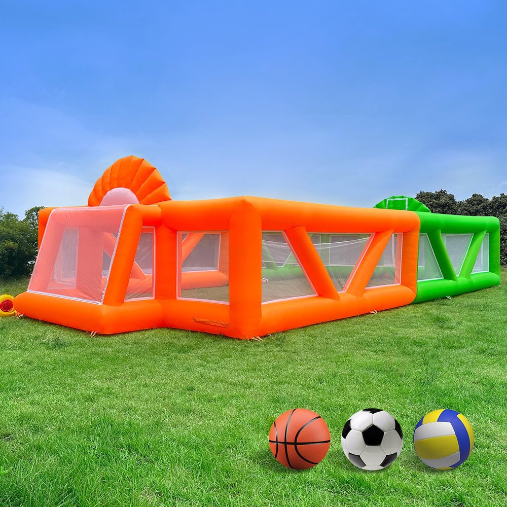 OZIS 40Ft Inflatable Sports Court with 680W Blower 3-in-1 Inflatable Soccer Field & Volleyball Field & Basketball Hoop Inflatable for Backyard, School Events, Team Training Multi-Game Arena