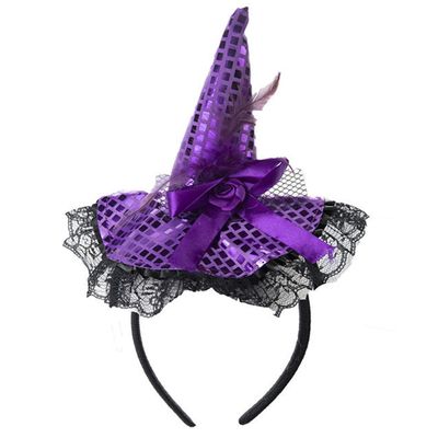 Aniler Witch Hat Headband for Halloween Costume Accessories Lace Shiny Sequin Witch Headband Dress up Party Supplies (Purple, One Size)