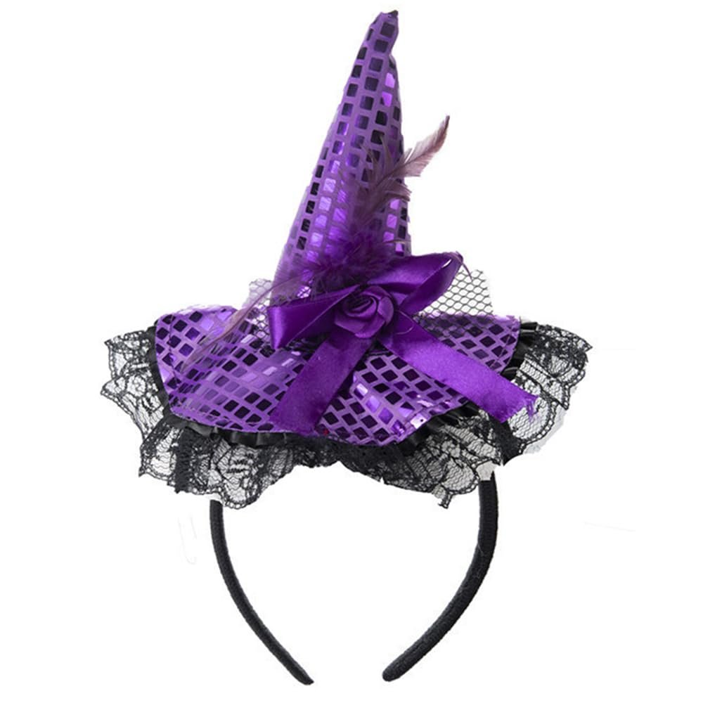 Aniler Witch Hat Headband for Halloween Costume Accessories Lace Shiny Sequin Witch Headband Dress up Party Supplies (Purple, One Size)