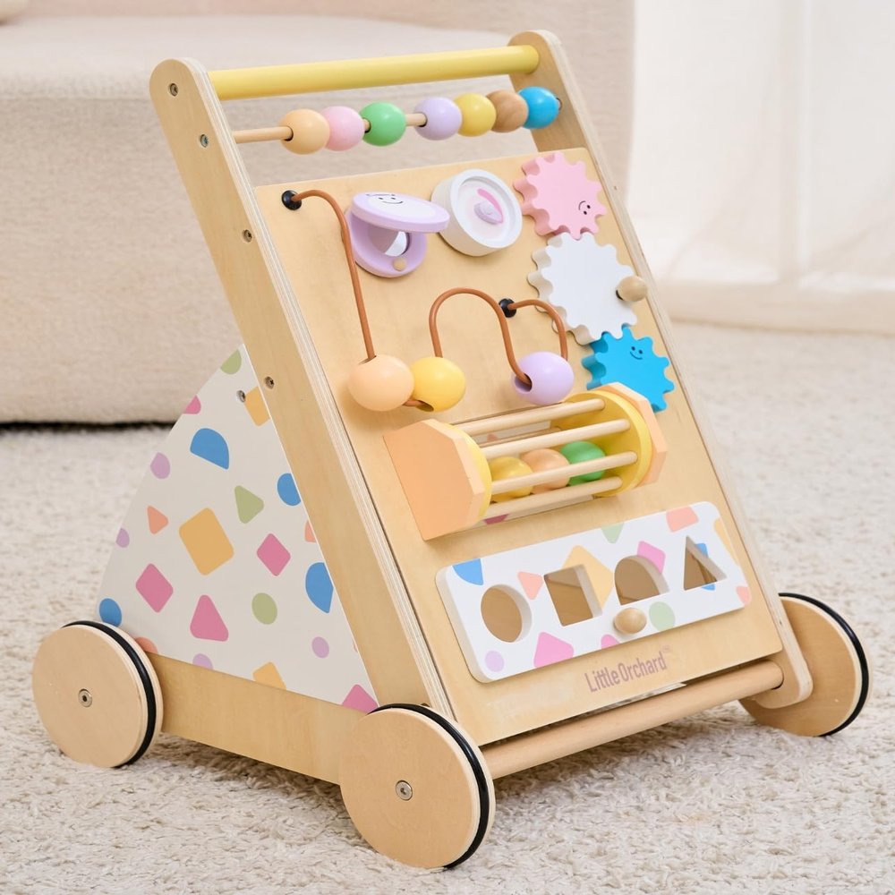 Wooden Baby Walker, Montessori Push WalkerBusy Board for Fine Motor Skill DevelopmentUpgraded 2.0 Brake System Speed Control & Full StopBaby Walker with Wheels for Boys and Girls 1+yr