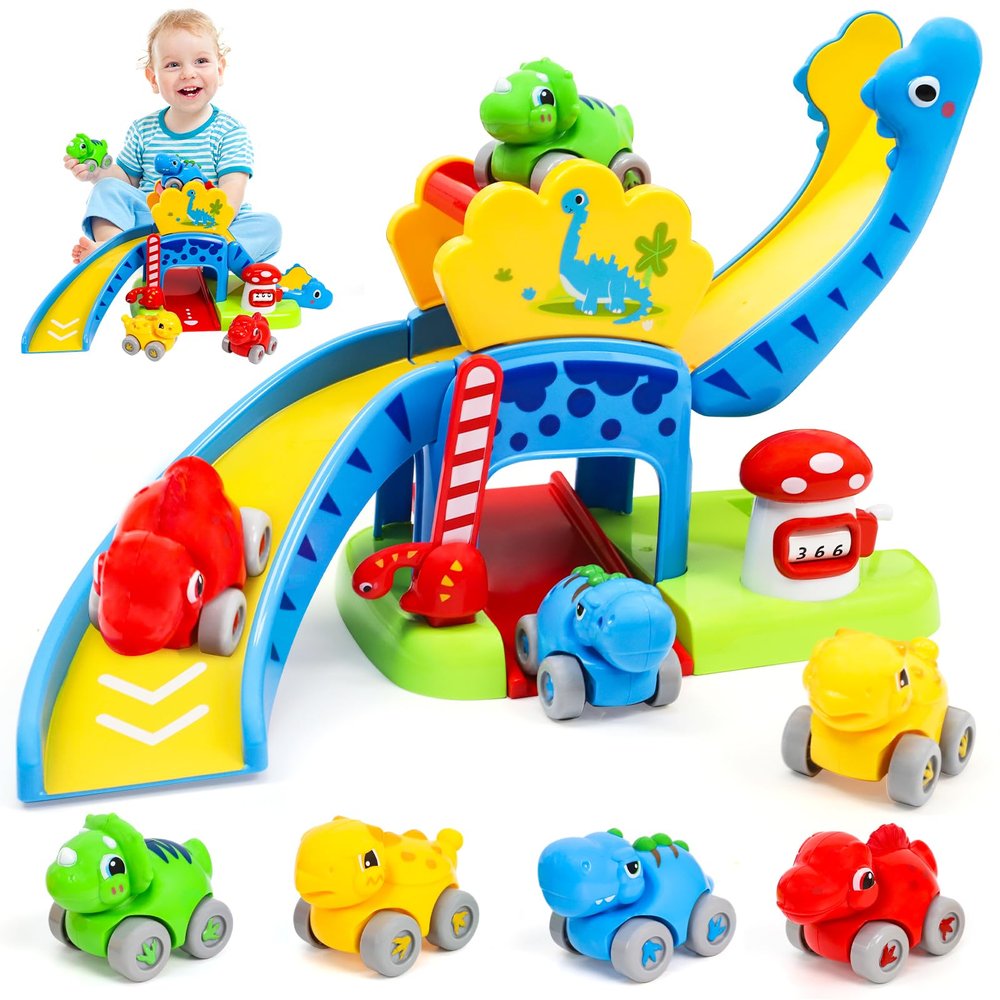 YGJT Toddler Toys for 1-3 Year Old Boys and Girls, Dinosaur Slide with 4 Dino Cars Montessori Toys Set for Baby 12-18 Months, Educational First Birthday Gifts Learning Push Track for Children Ages 1-3
