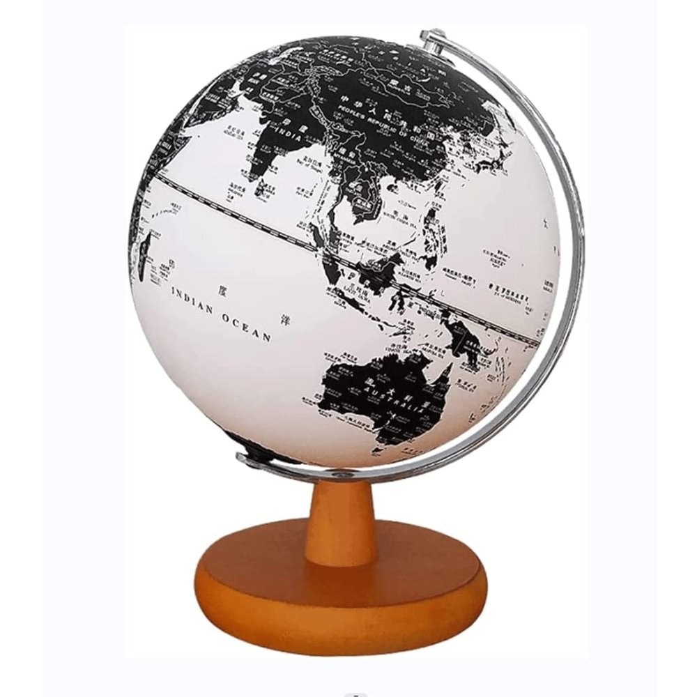 JDXQBLD World Globe Elegant Classic Newest with Chrome Metal Base Stand Black and White Globe Globe Lighting Led World Globe for Home Office 9.8" Practical DecorationWooden Base