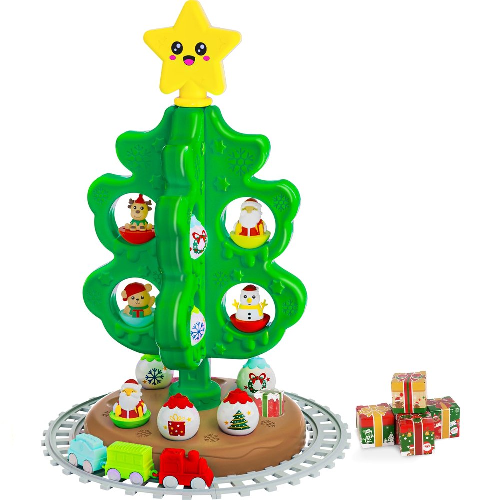 Baby Christmas Tree Toy with Topper Star: Montessori Christmas Tree Set with DIY Train Set&Tracks, Finger Puppets Snowman/Reindeer/Santa Tumblers for Toddlers Must Have Xmas Birthday Gift Indoor Decor
