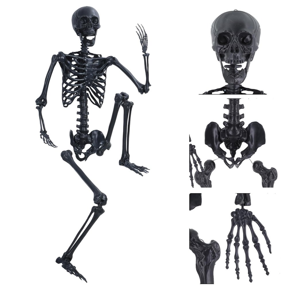 5.4FT Halloween Skeleton, Life Size Skeleton Decoration, Posable Skeleton Prop with Movable Joints, Full Body Plastic Skeleton for Outdoor Yard, Hanging Halloween Pirate Skeleton Decor Black