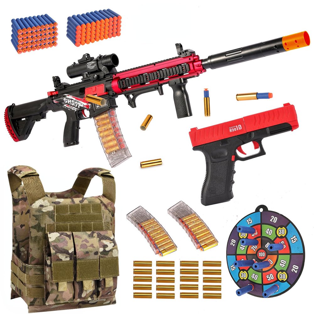 Electric Soft Bullet Toy Gun for Boys, Auto-Manual Shell Ejecting Toy Foam Blasters & Guns with 100 Soft Darts, Tactical Vest Kit,Shooting Games Educational Toys for 6-14+