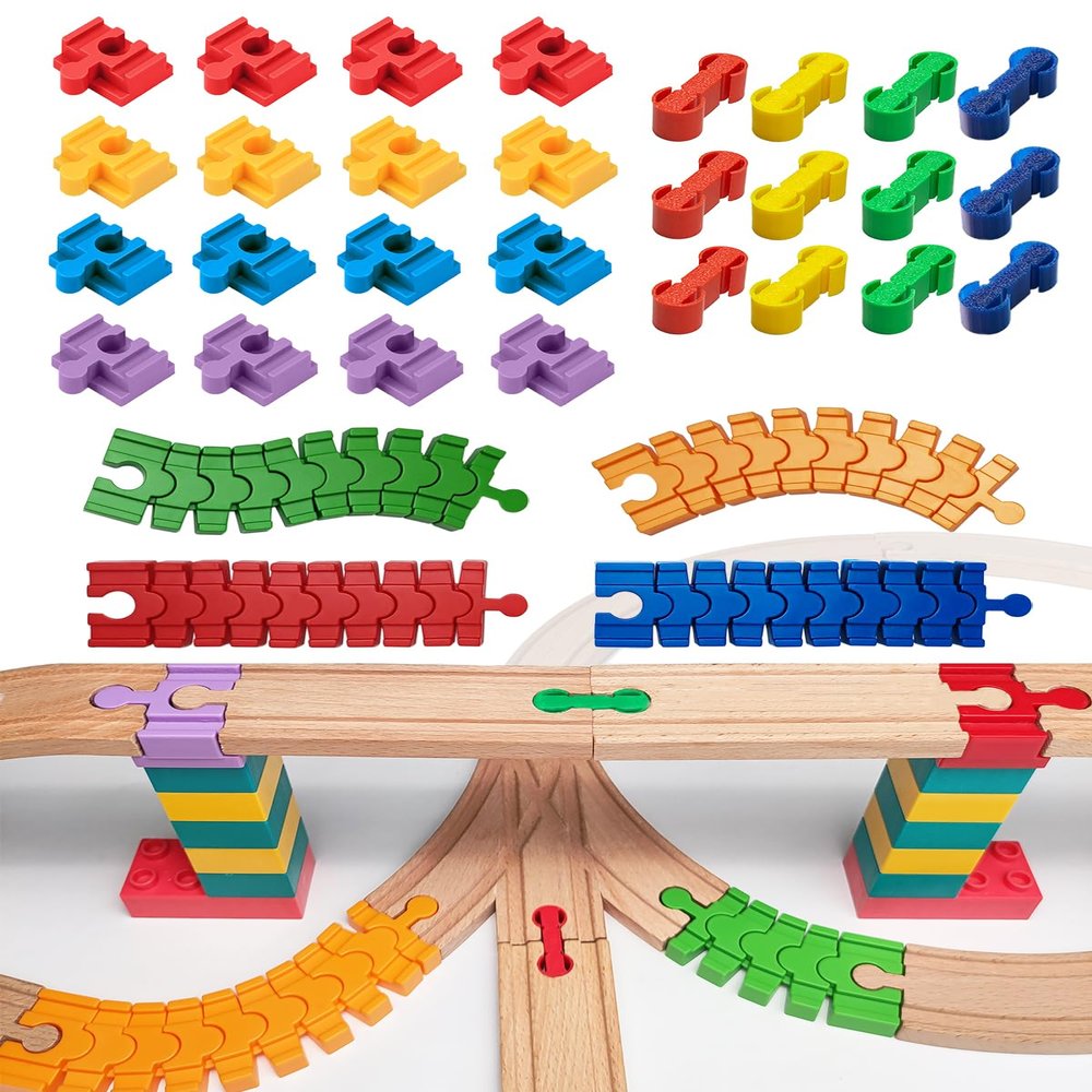 Bunu1492 Wooden Train Track Accessories Set, 32 pcs Track Connector, Compatible with All Major Brands Train Tracks, Christmas Birthday Gift for Boys Girls, Trains Toys Expansion Pack for Kids Ages 3+