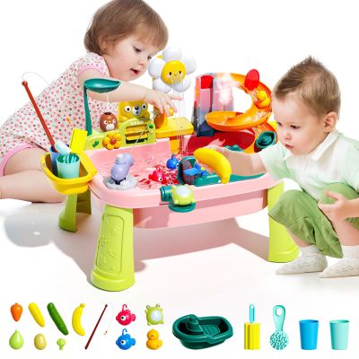 JEFLYM 2026 Upgraded Toddler Sand Water Table Toy with Electric Water Pump, Kids Sand Water with Faucet/Play Food Accessories/Fishing Toy, Kitchen Play Sink Toys for Girl Boy Age 3+ (Pink)