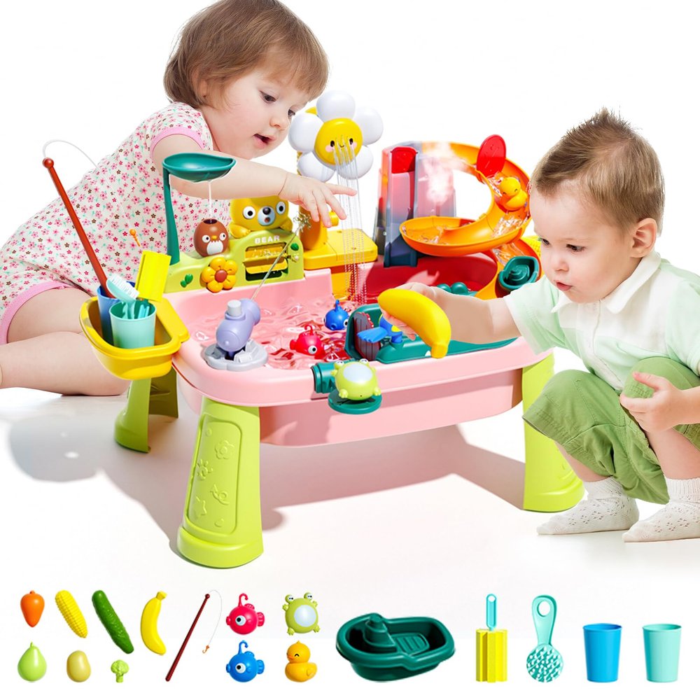 JEFLYM 2026 Upgraded Toddler Sand Water Table Toy with Electric Water Pump, Kids Sand Water with Faucet/Play Food Accessories/Fishing Toy, Kitchen Play Sink Toys for Girl Boy Age 3+ (Pink)