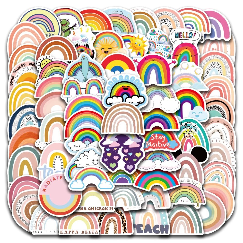 100pcs Cute Rainbow Stickers Set Waterproof Vinyl Multipurpose Decorative Stickers for Kids Teens Laptops, Water Bottles, Notebooks, Mobile Phones, Luggage