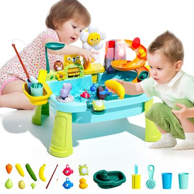 JEFLYM 2026 Upgraded Toddler Sand Water Table Toy with Electric Water Pump, Kids Sand Water with Faucet/Play Food Accessories/Fishing Toy, Kitchen Play Sink Toys for Girl Boy Age 3+ (Blue)