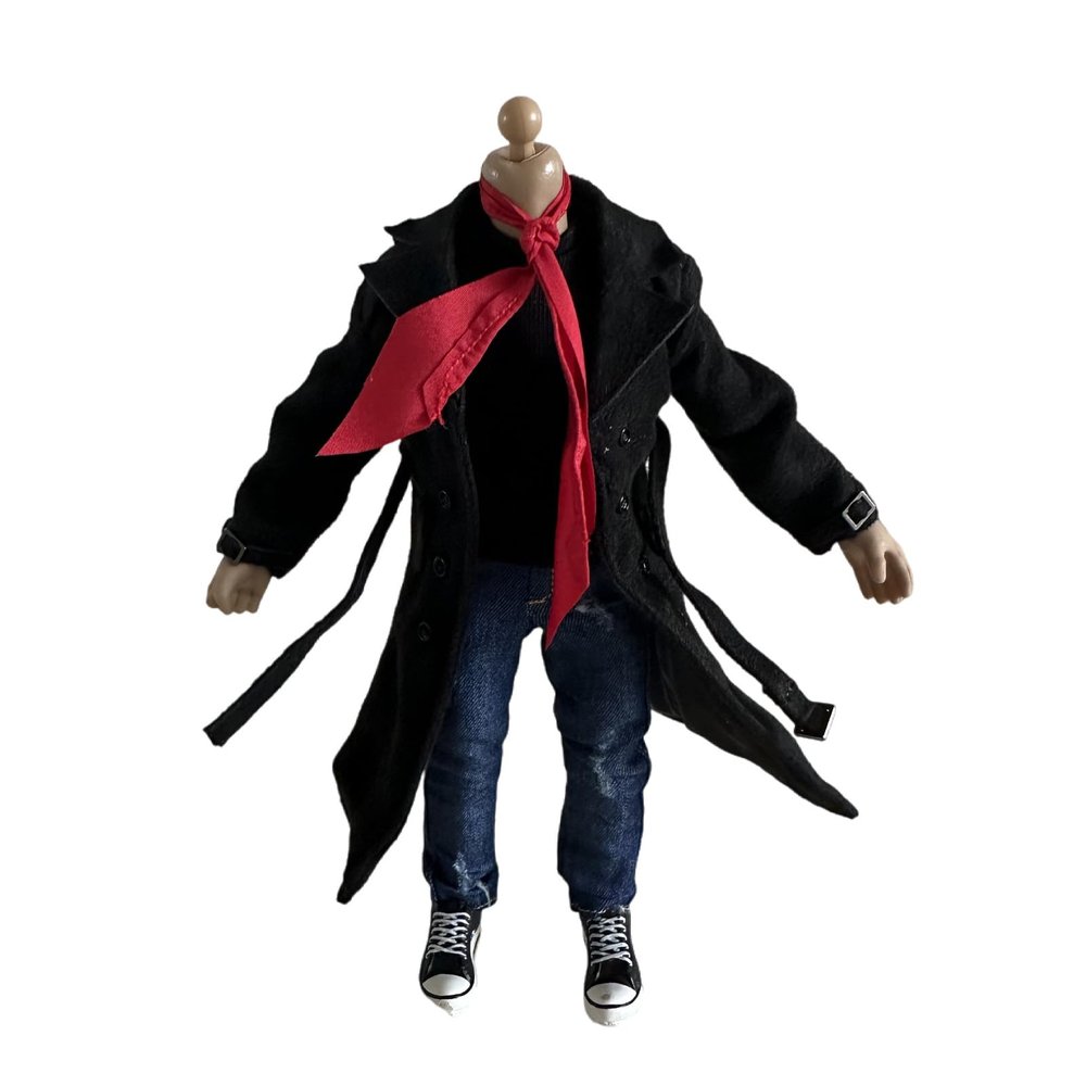 1/12 Action Figure Clothes,Long Trench Coat for 6" Action Figures,1:12 Scale Miniature Coat-only Clothing (Style 1-Black Coat with 1 scarve)