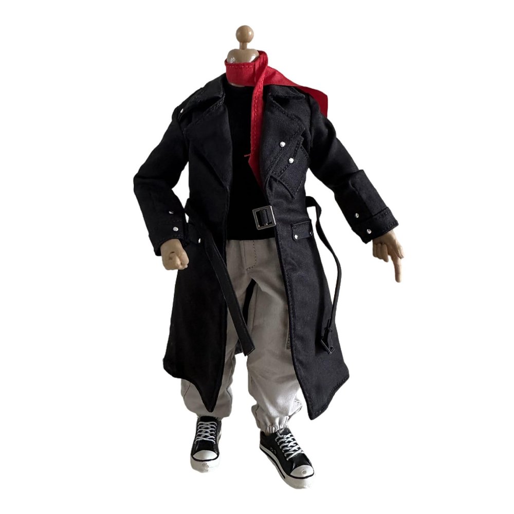 1/12 Action Figure Clothes,Long Trench Coat for 6" Action Figures,1:12 Scale Miniature Coat-only Clothing (Style 2-Black Coat with 2 scarve)