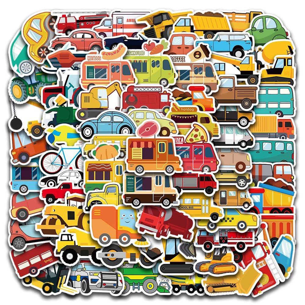100pcs Cute Cartoon Car Stickers, Excavator Truck Car School Bus and Other Mixed Car Stickers, Suitable for Children and Teenagers Notebooks Diaries Gift Decorations Water Bottles DIY Crafts