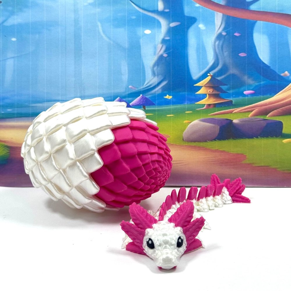 3D Printed Axolotl Dragon and Egg, 6 inches Articulated Magenta Baby Axolotl Dragon, Tiny Animal Gift Idea, Birthday Party Decorations, BD008-MAG -WME