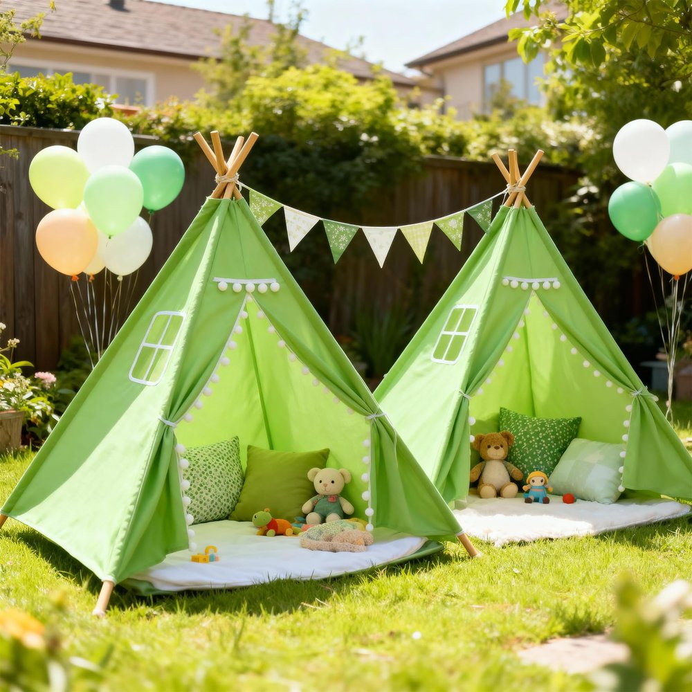 2 Pack Teepee Tent for Kids, Children Play Tents for Girls & Boys Slumber Party, Cotton Linen Playhouse Sleepover Tent with Pompom & Lights