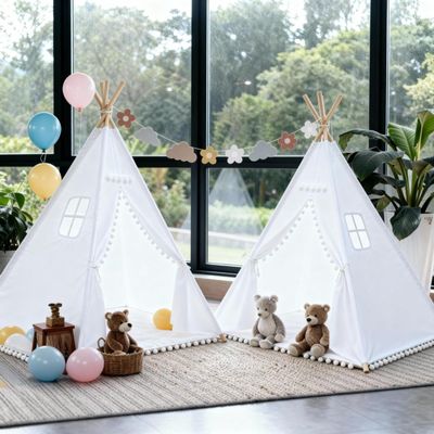 2 Pack Teepee Tent for Kids, Children Play Tents for Girls & Boys Slumber Party, Cotton Canvas Playhouse Sleepover Tent with Pompom & Lights
