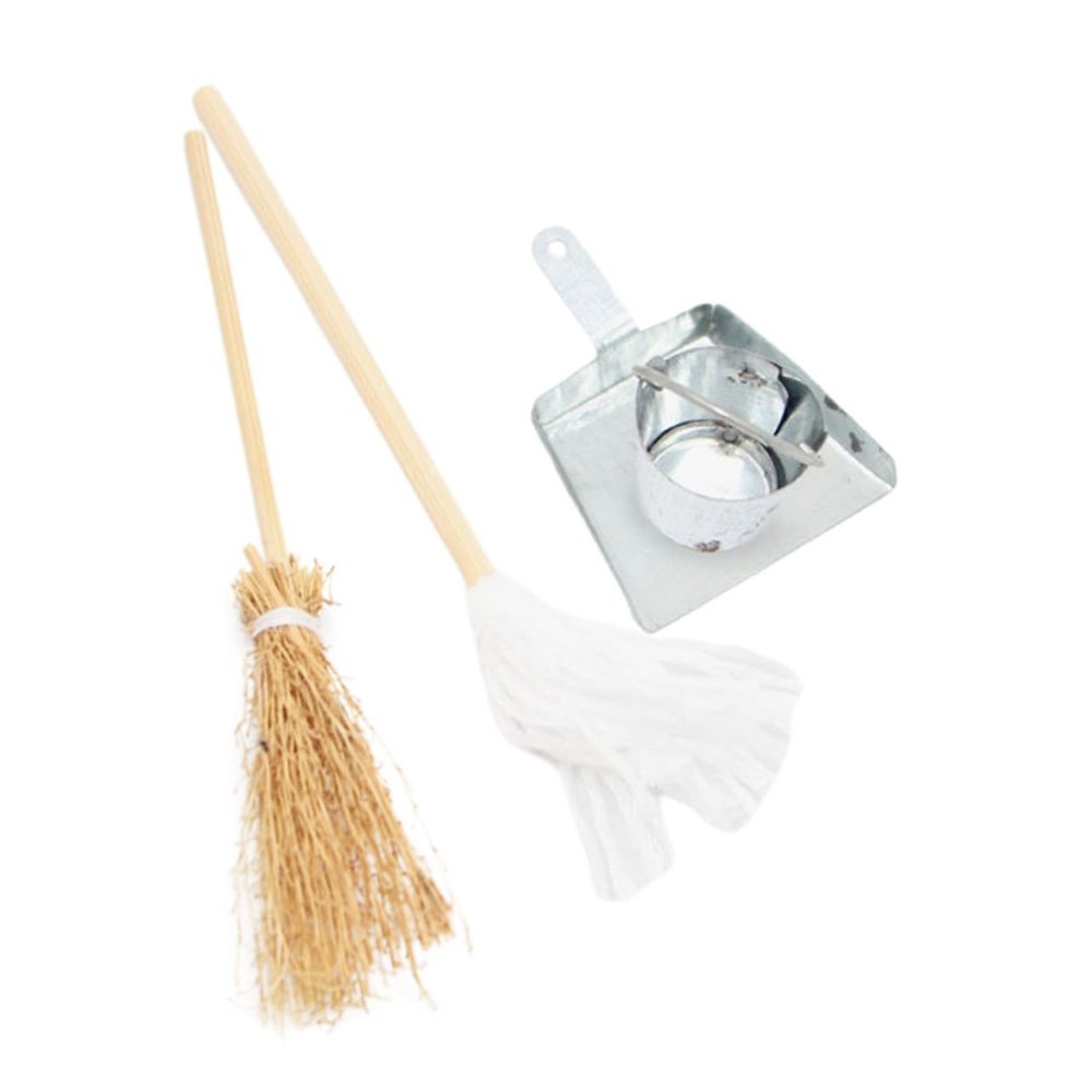 Yardwe 1Set Miniature Dollhouse Cleaning Accessories Mini Mop Broom Dustpan Bucket Prop for Playhouse for Miniature Model Decor Collection