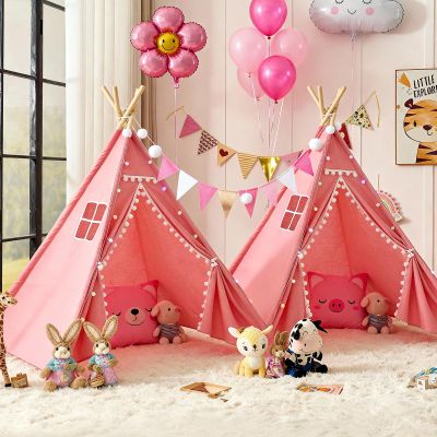 2 Pack Teepee Tent for Kids, Children Play Tents for Girls & Boys Slumber Party, Cotton Canvas Playhouse Sleepover Tent with Pompom & Lights