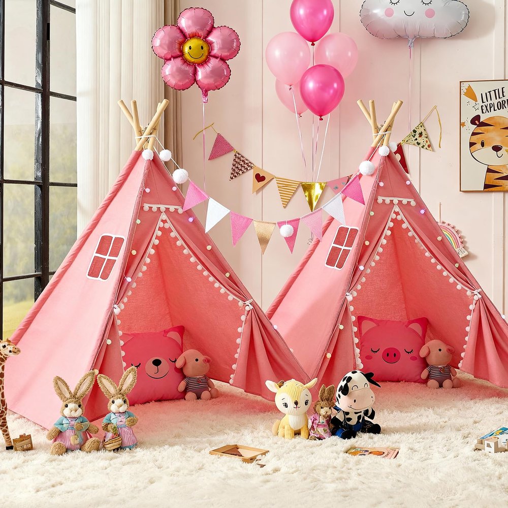 2 Pack Teepee Tent for Kids, Children Play Tents for Girls & Boys Slumber Party, Cotton Canvas Playhouse Sleepover Tent with Pompom & Lights