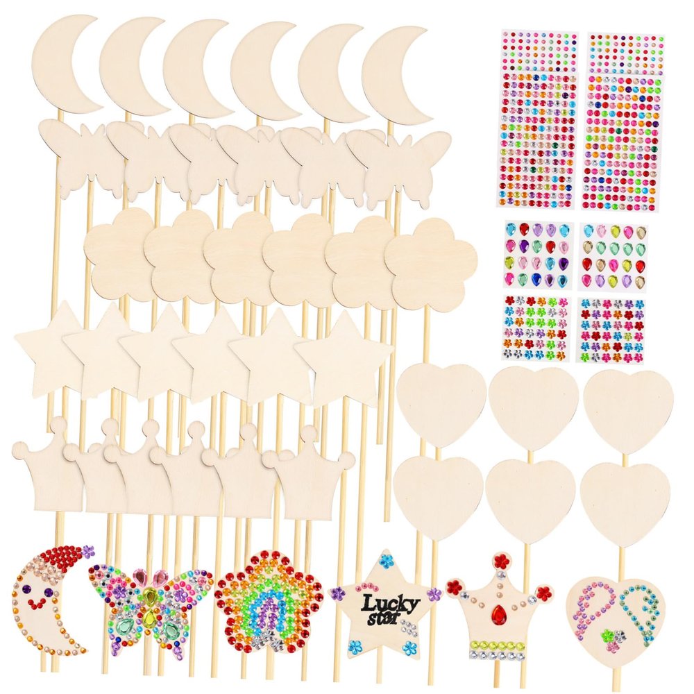 KESYOO 1Set Craft Wands Unpainted Wooden Princess Wands with Rhinestone Stickers for DIY Coloring and Crafting Costume Accessories for Princess Parties and Creative