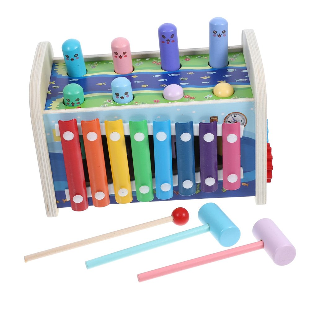 HOMOBABE 1Set Montessori Busy Board with Hammer and Xylophone Wooden Activity Cube for Fine Motor Skill Development Safe and Educational Plaything