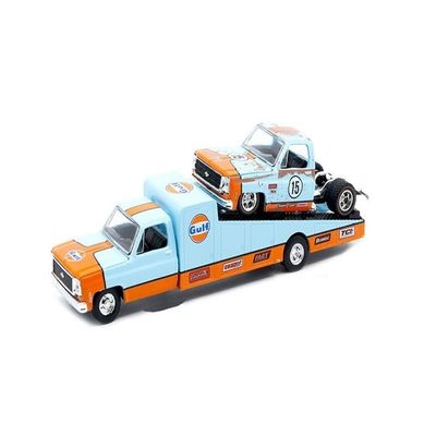 1:64 Diecast Model Car Compatible with 1973 Chevrolet C30 Wedge Truck & 1978 Chevrolet Silverado 10 Bedless Gulf Livery Blue Limited Edition M2 Machines Auto-Haulers 39200-MJS07