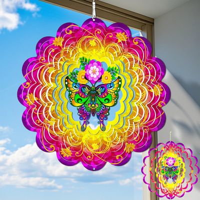 12 Inch 3D Kinetic Metal Butterfly Wind Spinner, Flower Gradient Color Design Hanging Sculpture, Indoor Outdoor Garden Yard Patio Decor, Holiday